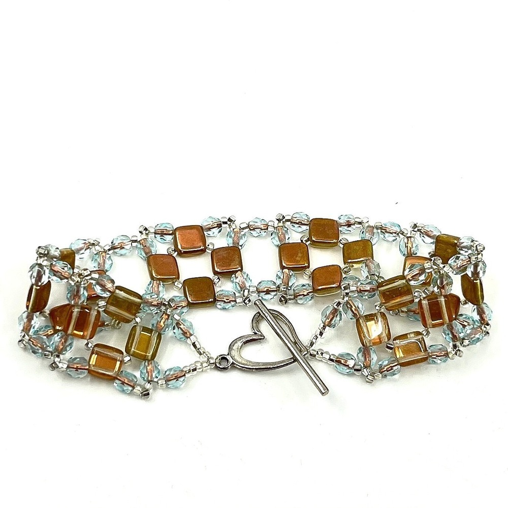 Vintage Boho Amber & Aqua Glass Bead Geometric Toggle‎ Bracelet Heart Clasp Y2K